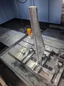 Angled view of cnc machined vertical aluminium part