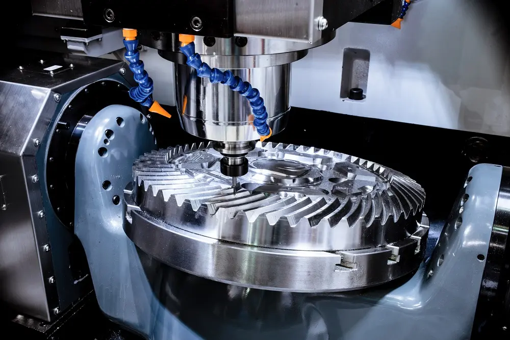 Modern cnc milling machine makes large cogwheel